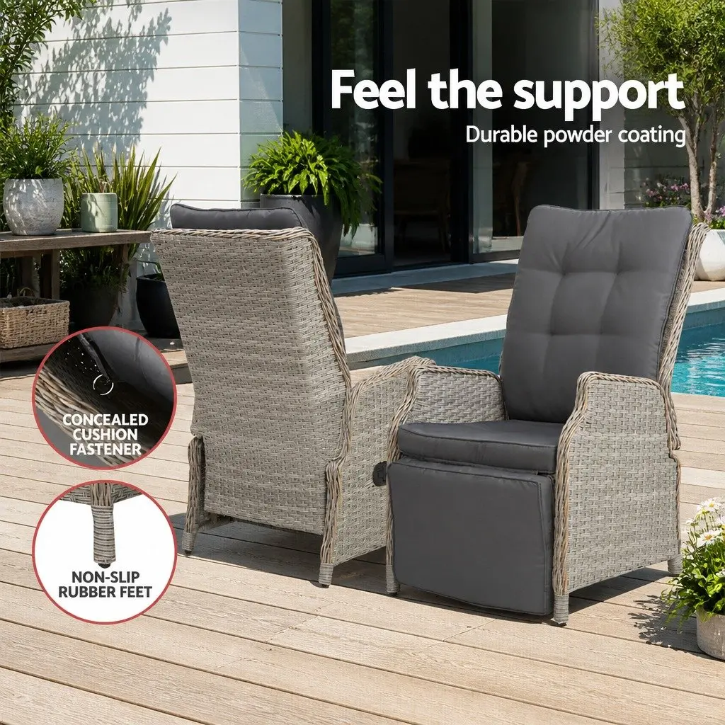3 Piece Outdoor Recliner Set Wicker Lounge Chairs Side Table Garden Furniture