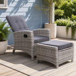 Outdoor Recliner Chair Wicker Lounger with Ottoman Adjustable Backrest Grey