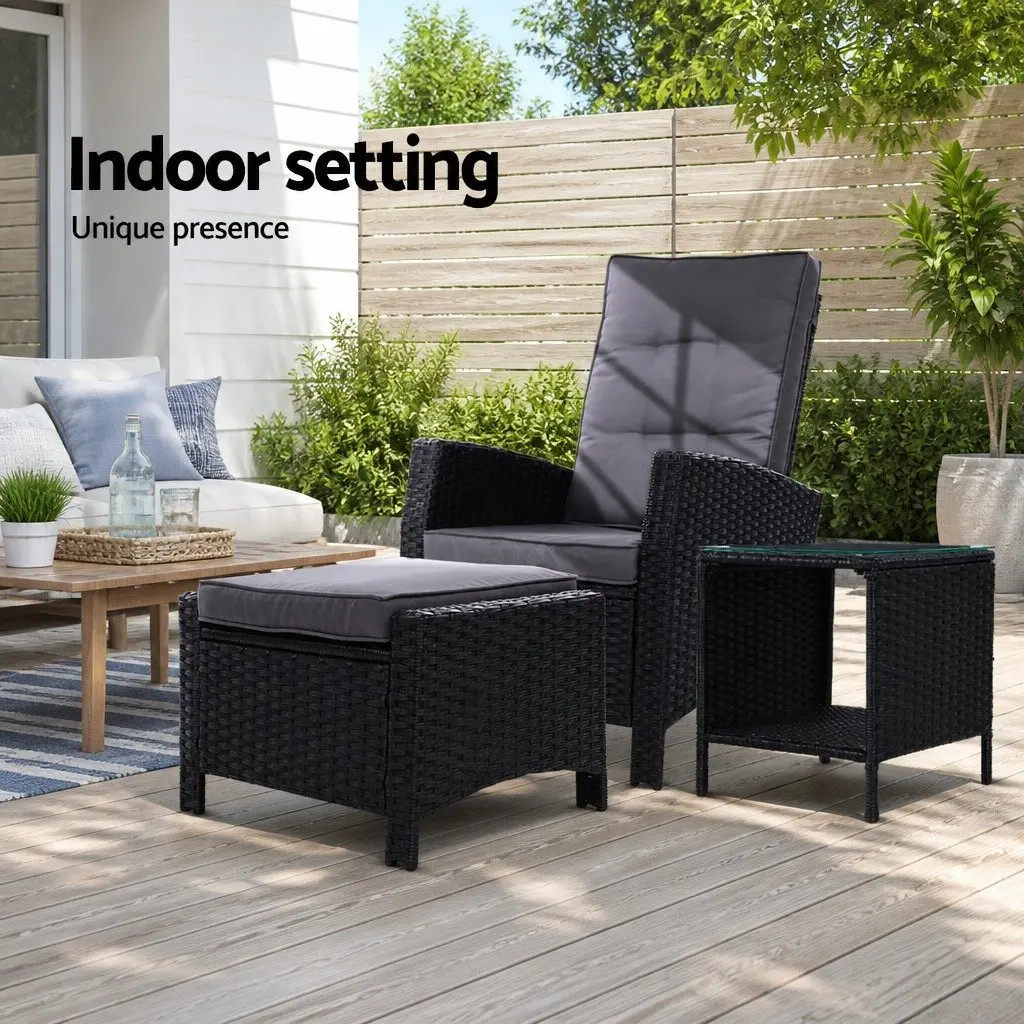 3 Piece Outdoor Wicker Recliner Set Black Adjustable Size with Ottoman and Side Table