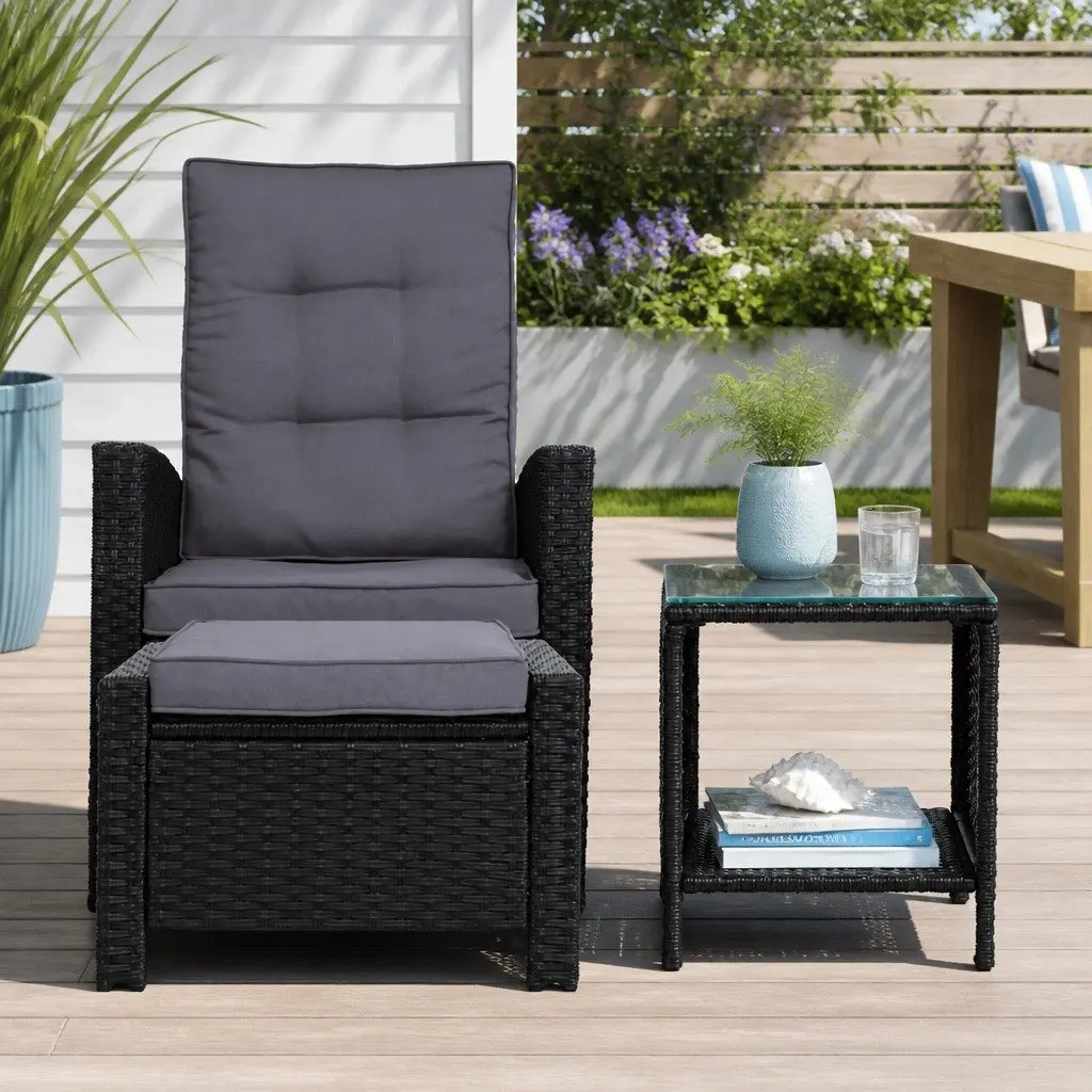 3 Piece Outdoor Wicker Recliner Set Black Adjustable Size with Ottoman and Side Table