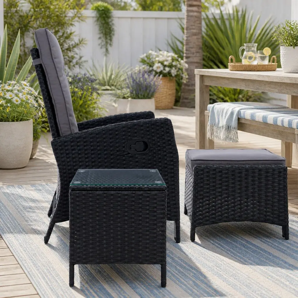 3 Piece Outdoor Wicker Recliner Set Black Adjustable Size with Ottoman and Side Table