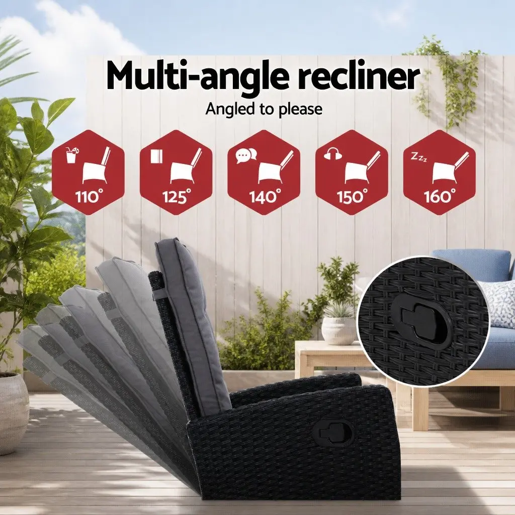 3 Piece Outdoor Wicker Recliner Set Black Adjustable Size with Ottoman and Side Table