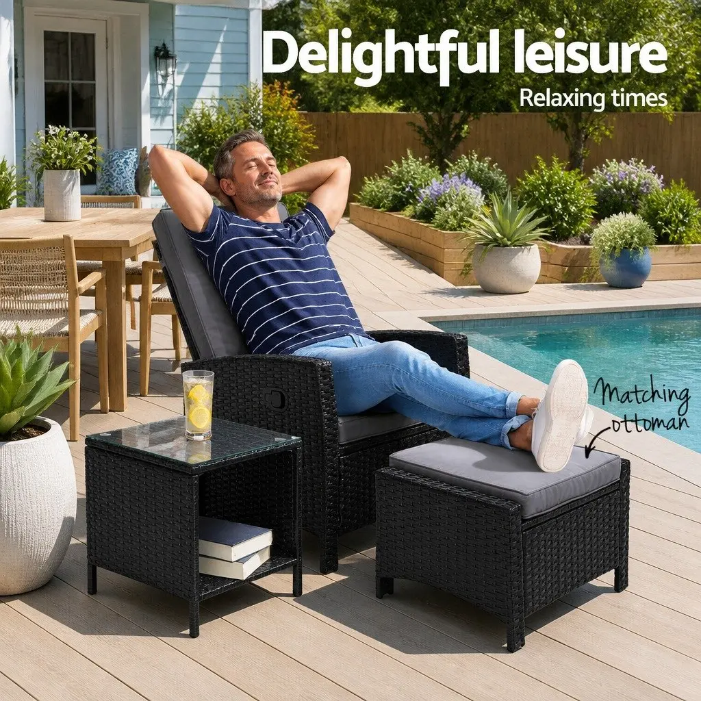 3 Piece Outdoor Wicker Recliner Set Black Adjustable Size with Ottoman and Side Table