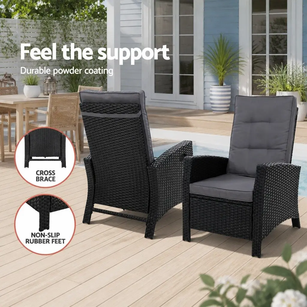 3 Piece Outdoor Wicker Recliner Set Black Adjustable Size with Ottoman and Side Table
