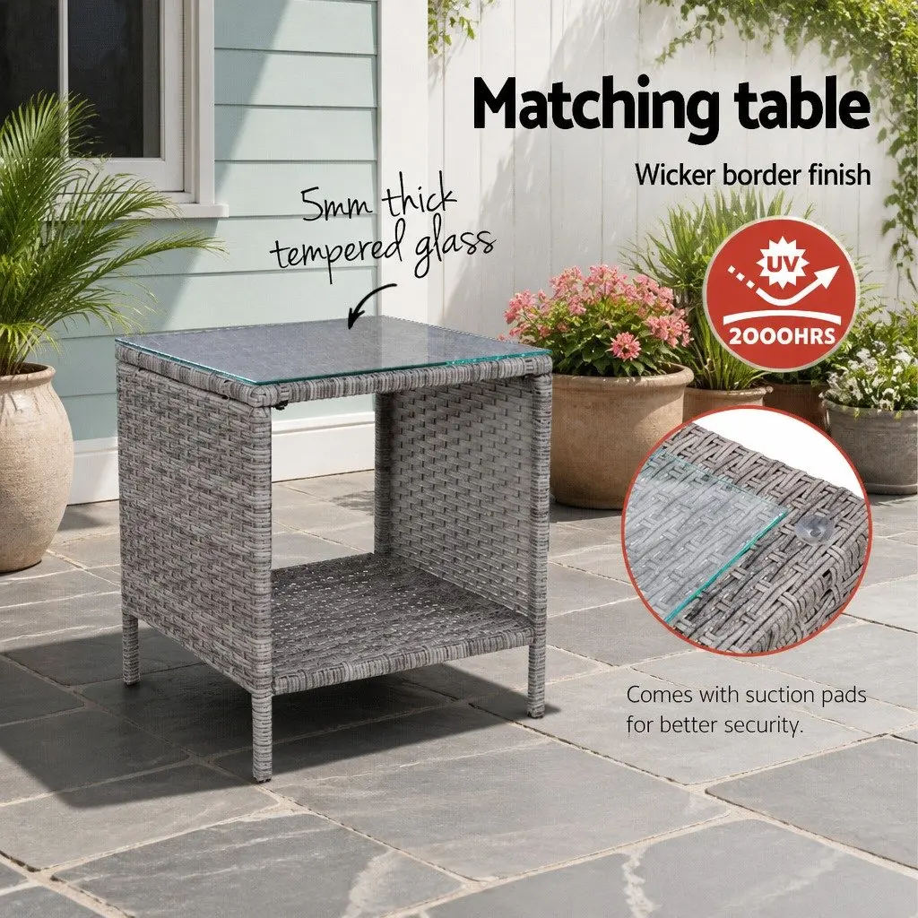 Outdoor Recliner Chair Set Grey Wicker 3 Piece Adjustable Lounge with Ottoman and Side Table