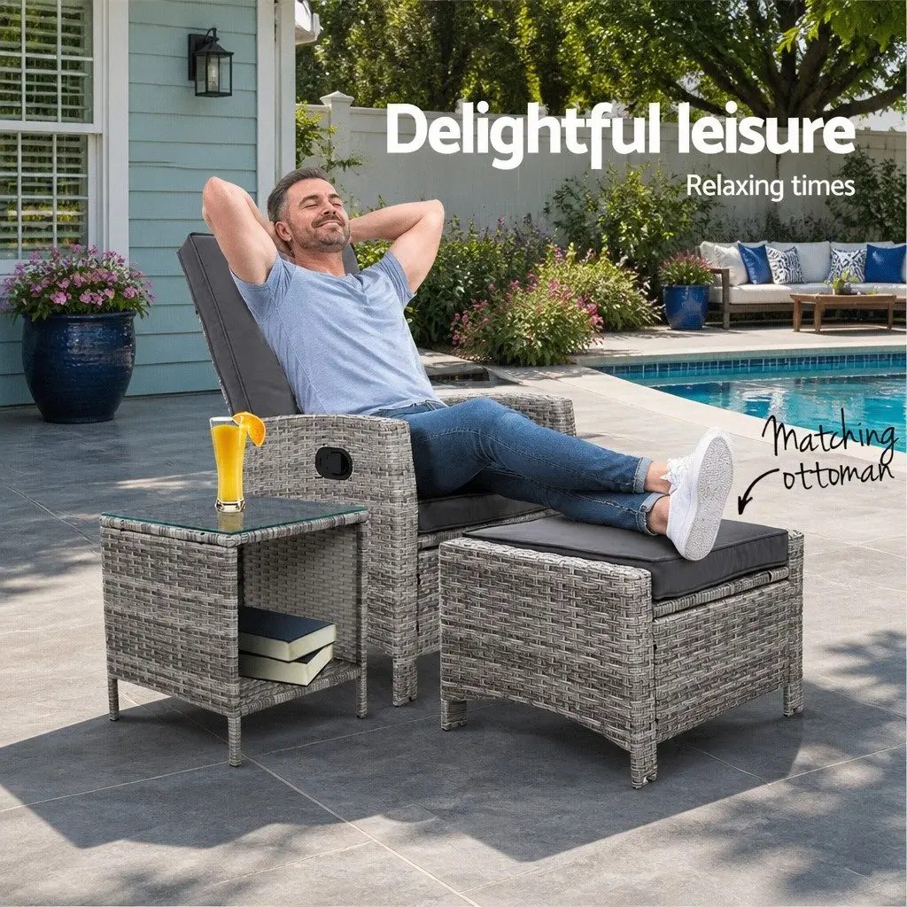 Outdoor Recliner Chair Set Grey Wicker 3 Piece Adjustable Lounge with Ottoman and Side Table