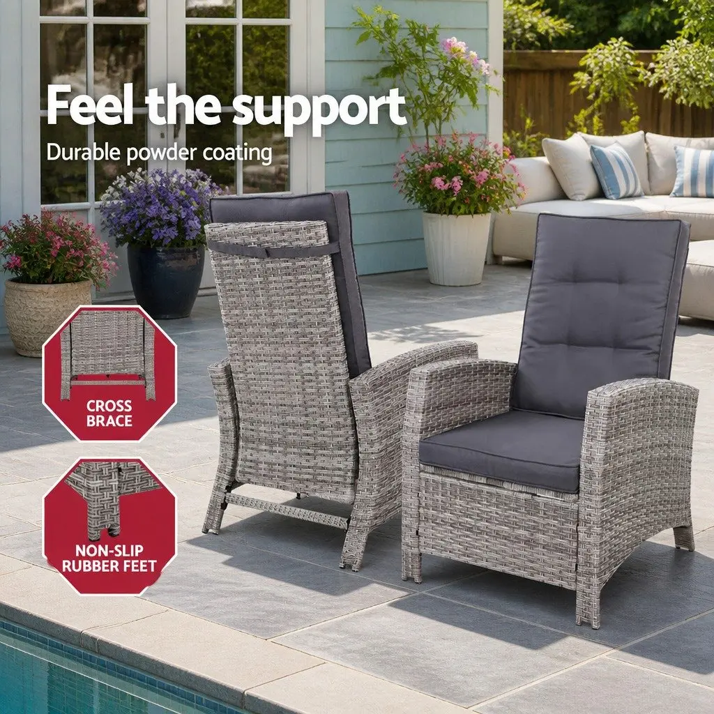 Outdoor Recliner Chair Set Grey Wicker 3 Piece Adjustable Lounge with Ottoman and Side Table