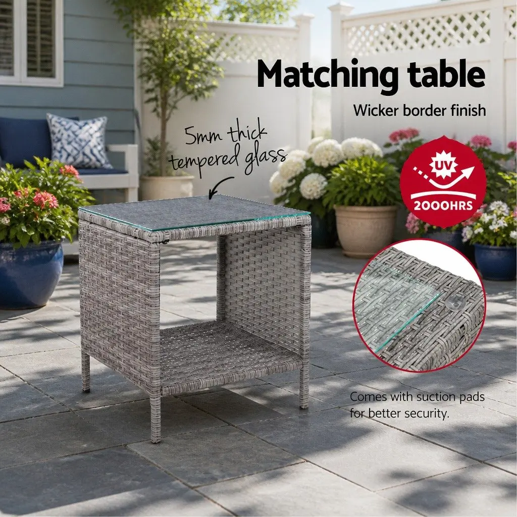 Outdoor Recliner Chair Set Grey Wicker 3 Piece Adjustable Lounge with Ottoman and Side Table