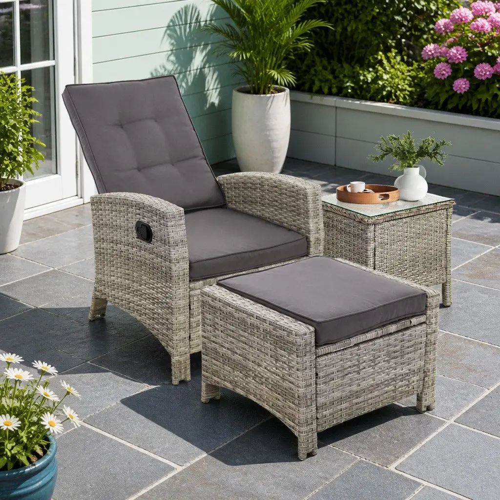 Outdoor Recliner Chair Set Grey Wicker 3 Piece Adjustable Lounge with Ottoman and Side Table
