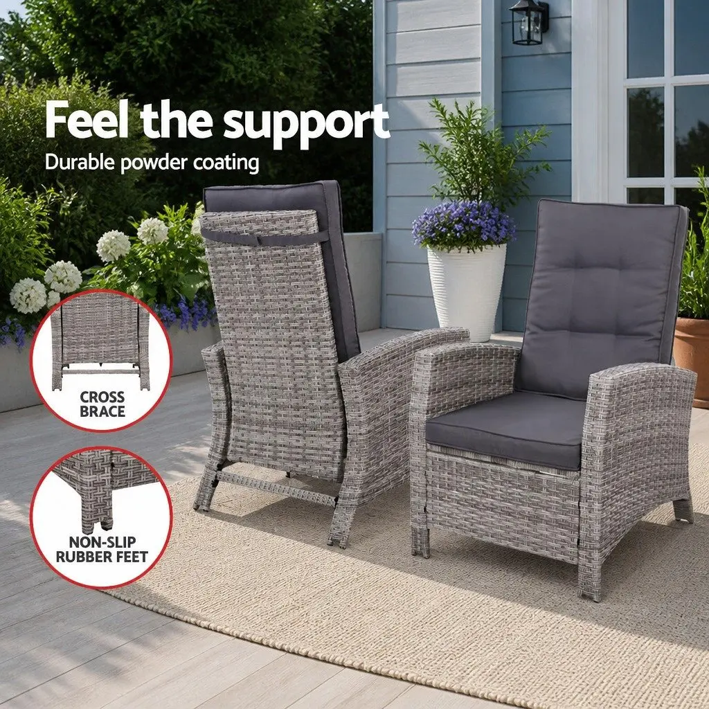 Outdoor Recliner Chair Set Grey Wicker 3 Piece Adjustable Lounge with Ottoman and Side Table