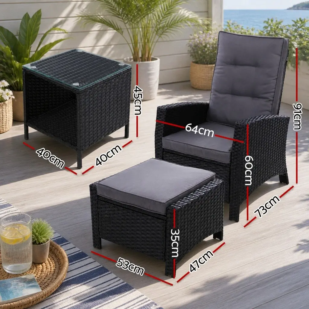 Outdoor Lounge Furniture Set Black Wicker 5 Piece Including Recliner Chairs Ottoman and Table