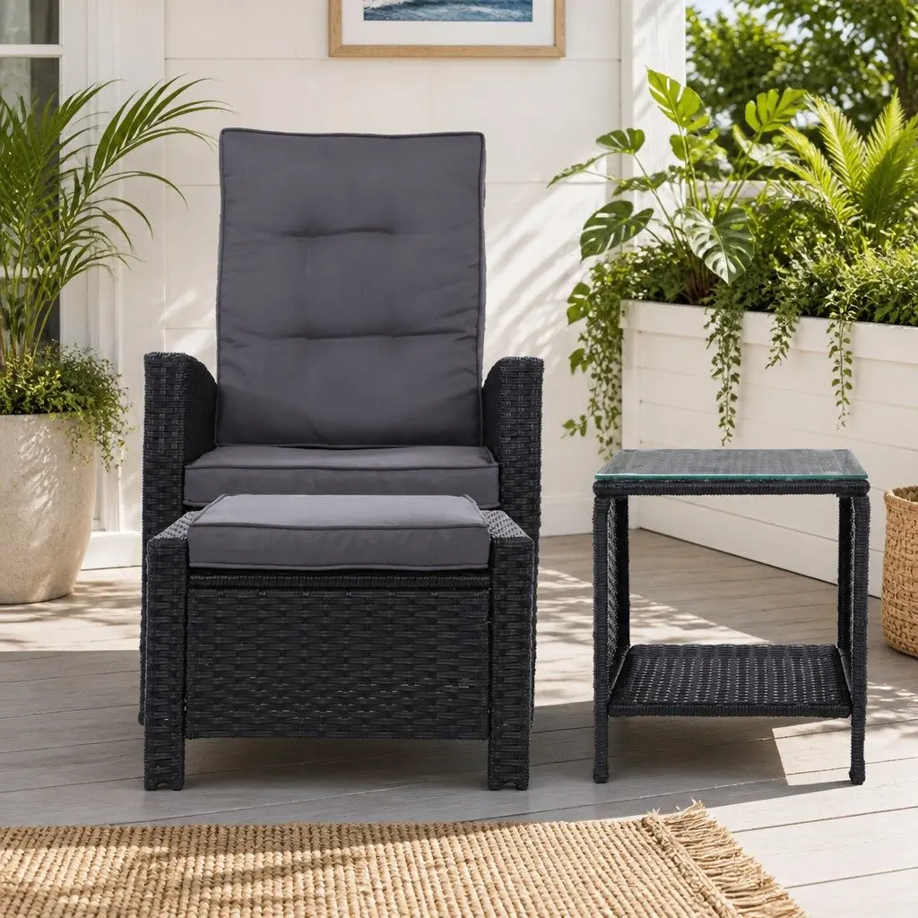 Outdoor Lounge Furniture Set Black Wicker 5 Piece Including Recliner Chairs Ottoman and Table