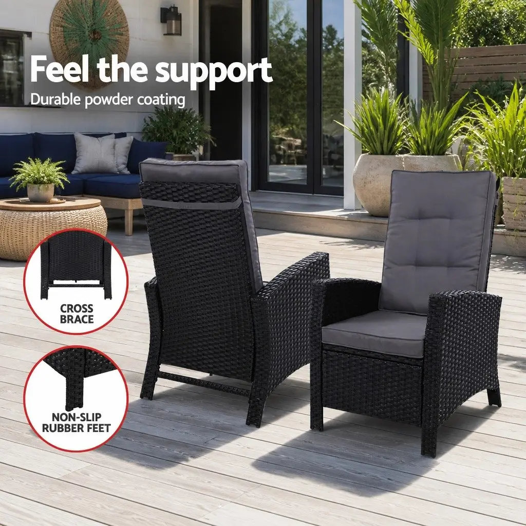 Outdoor Lounge Furniture Set Black Wicker 5 Piece Including Recliner Chairs Ottoman and Table