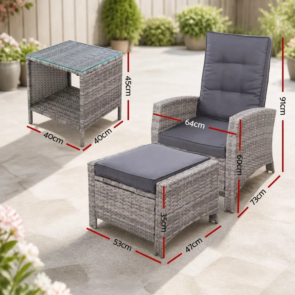 5 Piece Outdoor Recliner Chairs Wicker Adjustable Grey with Ottoman and Side Table