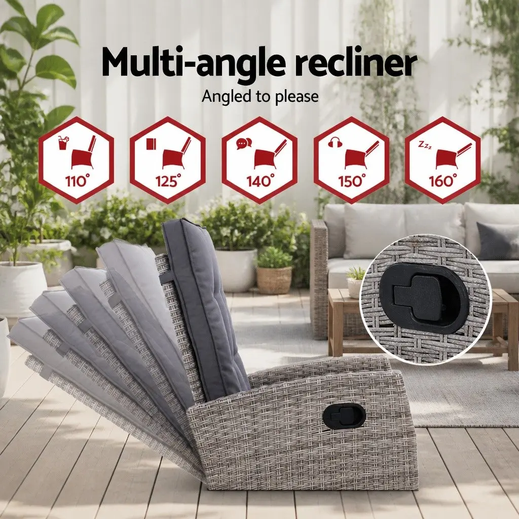 5 Piece Outdoor Recliner Chairs Wicker Adjustable Grey with Ottoman and Side Table
