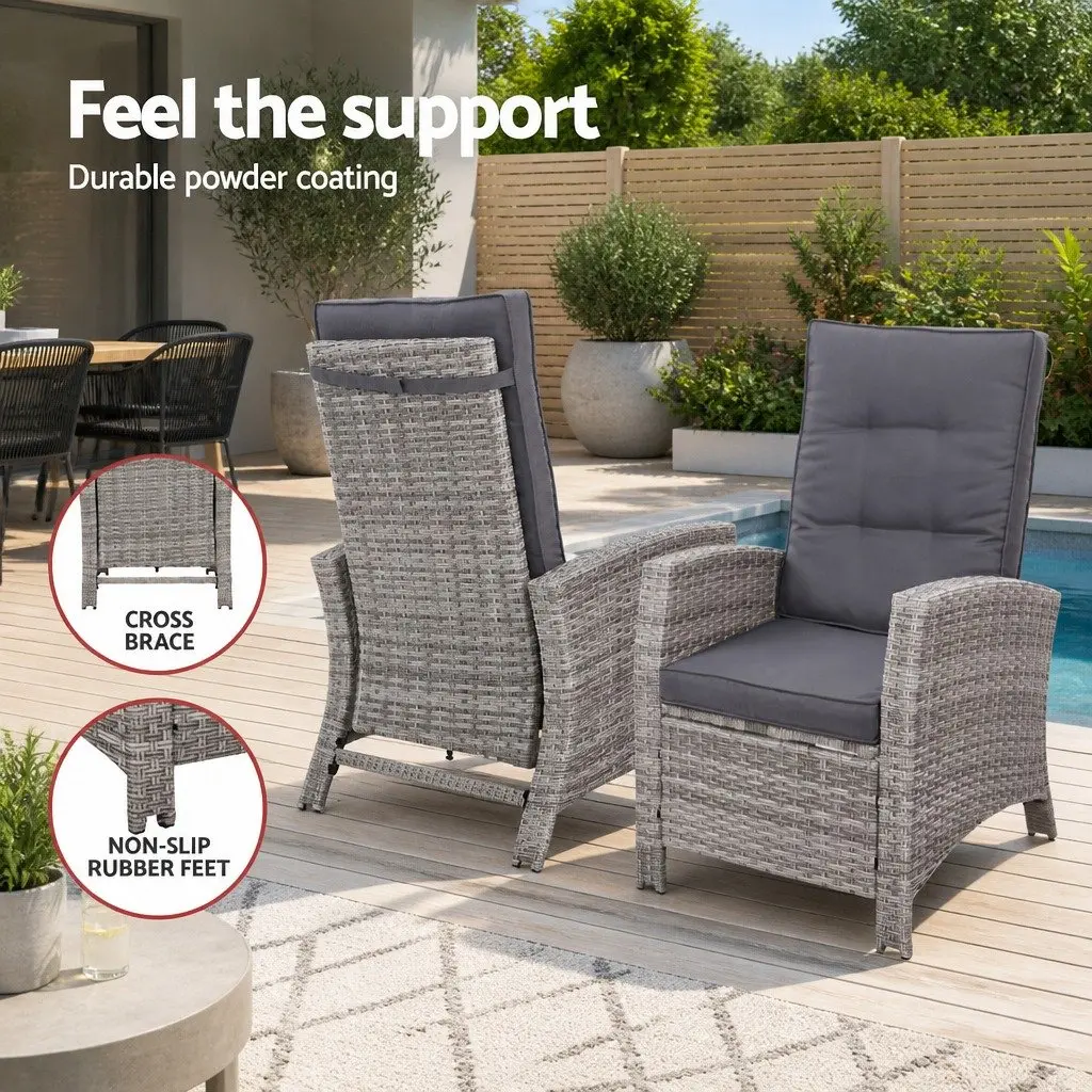 5 Piece Outdoor Recliner Chairs Wicker Adjustable Grey with Ottoman and Side Table