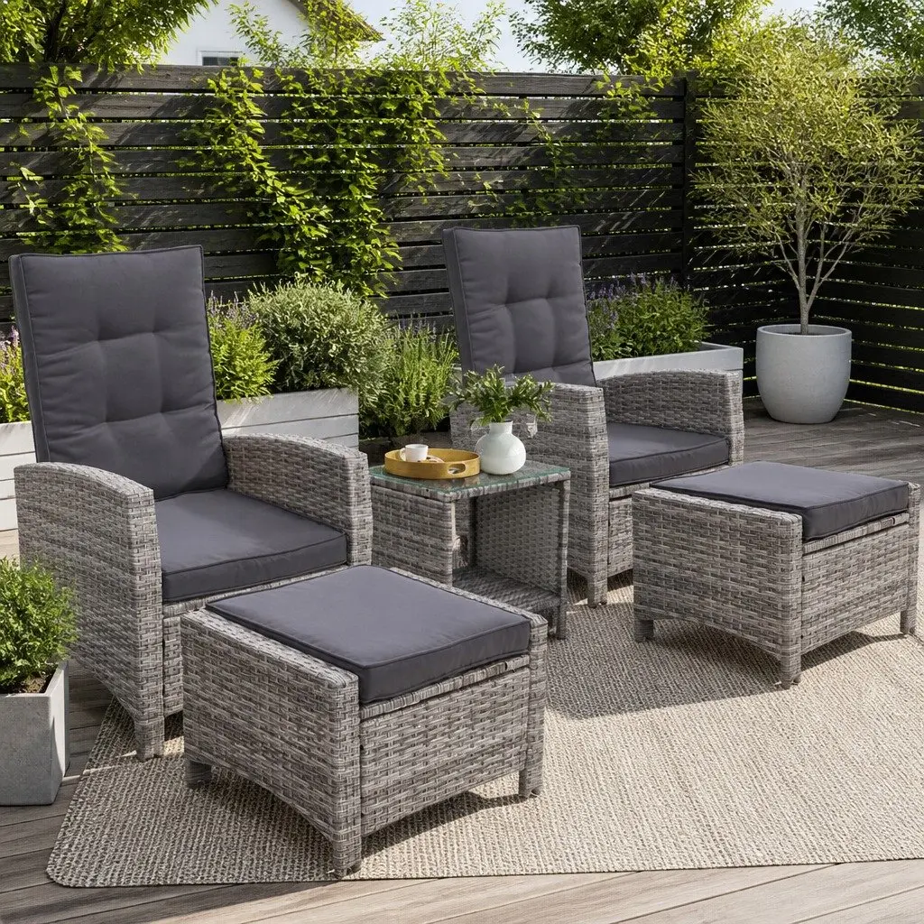 5 Piece Outdoor Recliner Chairs Wicker Adjustable Grey with Ottoman and Side Table