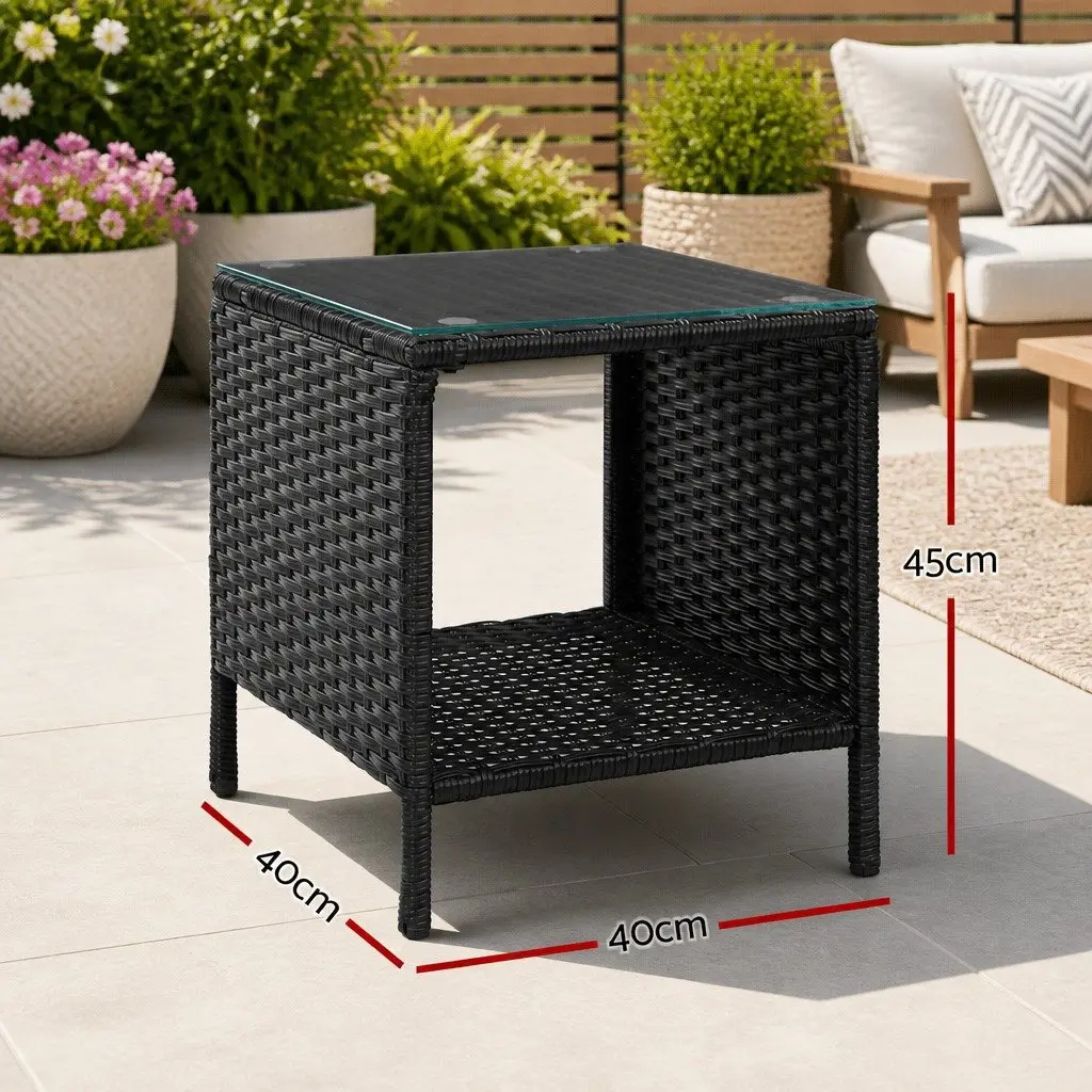 Wicker Side Table Steel Frame Tempered Glass Top 40cm Black White