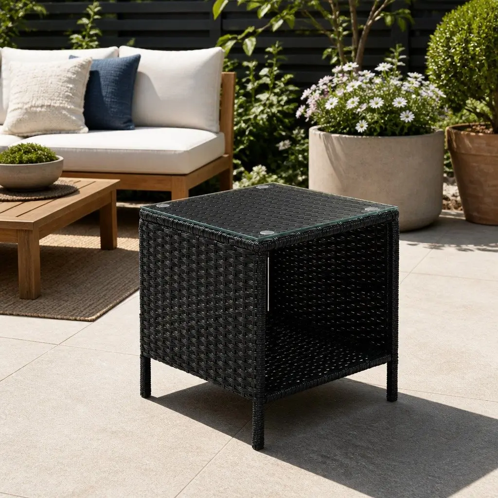 Wicker Side Table Steel Frame Tempered Glass Top 40cm Black White