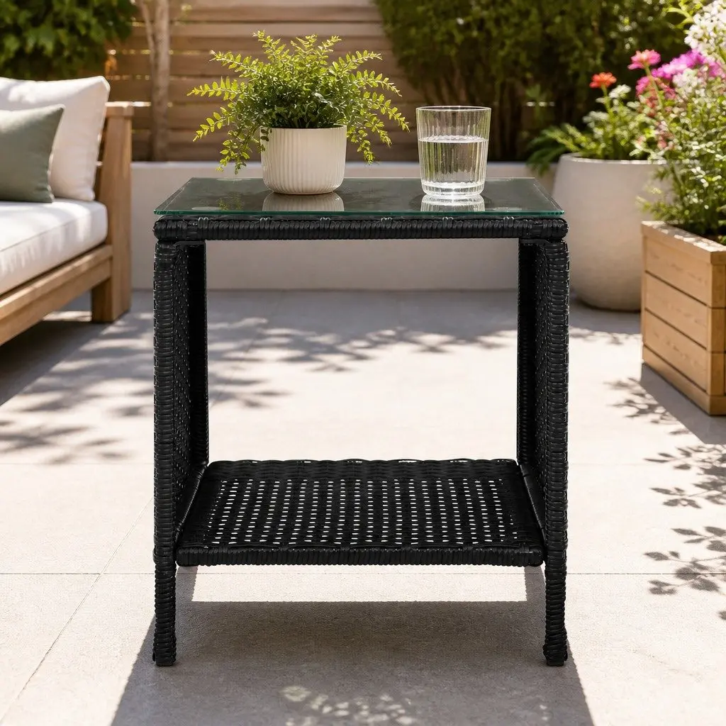 Wicker Side Table Steel Frame Tempered Glass Top 40cm Black White