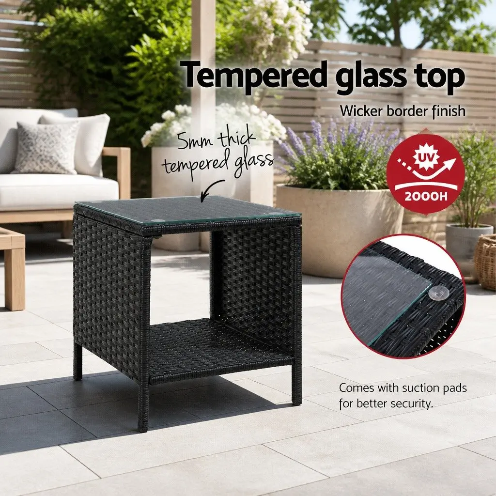 Wicker Side Table Steel Frame Tempered Glass Top 40cm Black White