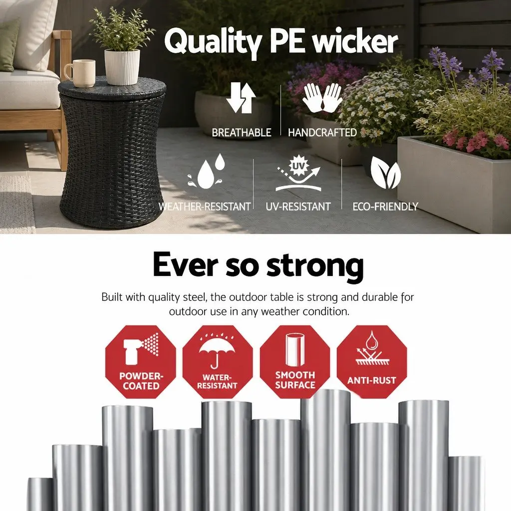 Wicker Side Table Steel Frame Tempered Glass Top 40cm Black White