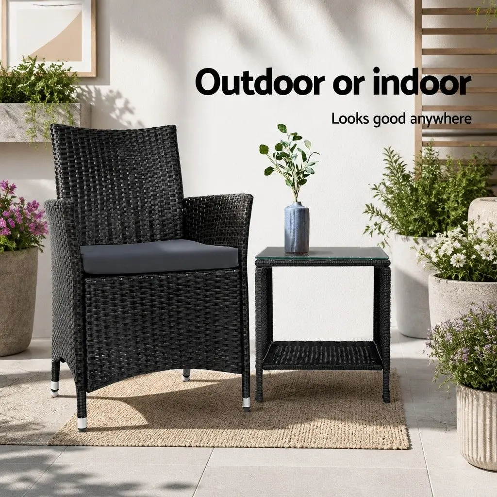 Wicker Side Table Steel Frame Tempered Glass Top 40cm Black White