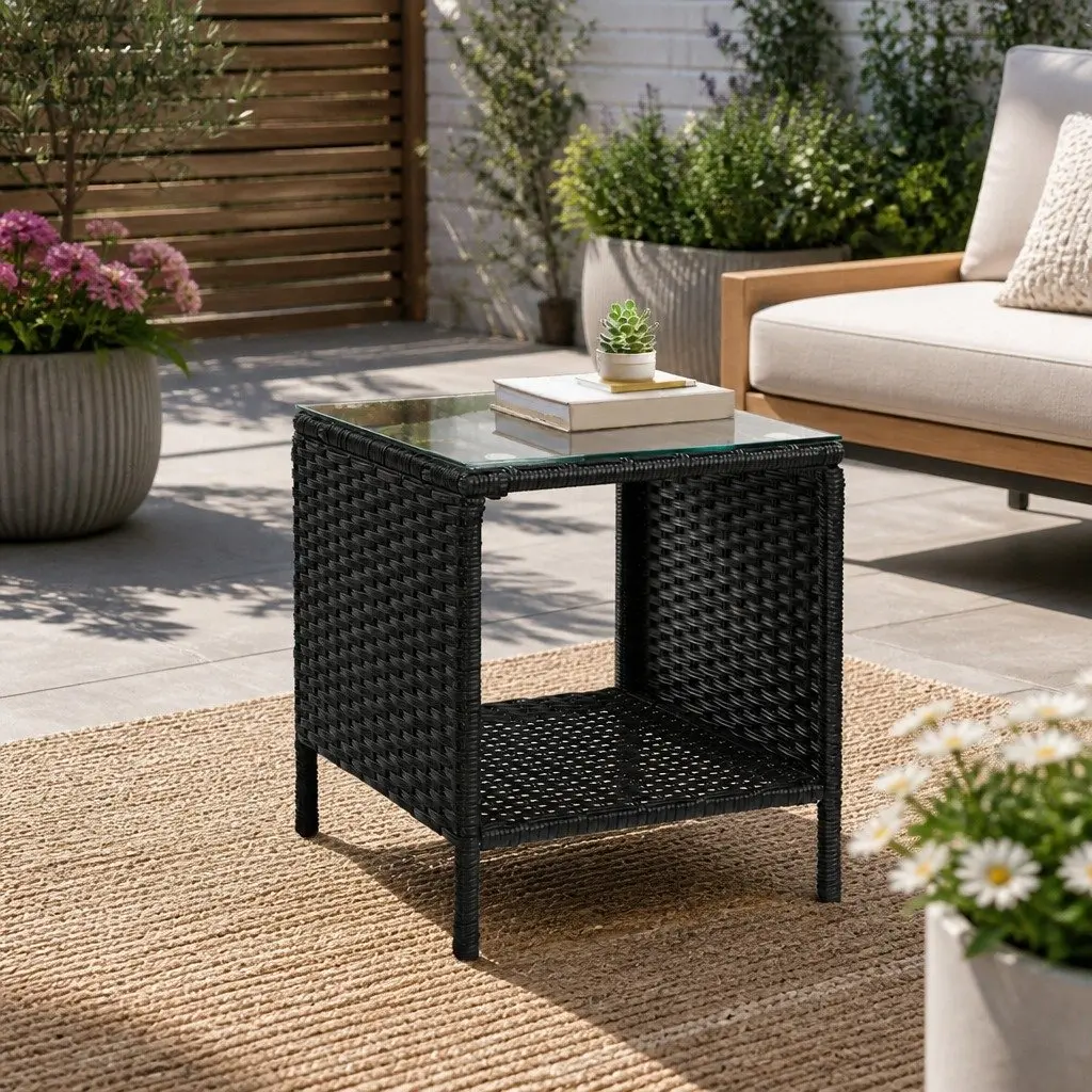 Wicker Side Table Steel Frame Tempered Glass Top 40cm Black White
