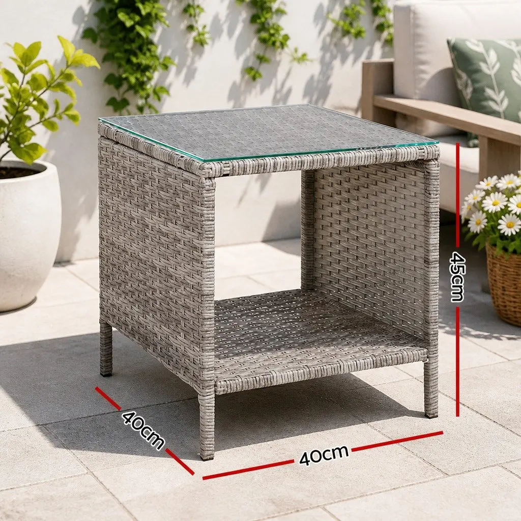 Outdoor Side Table Wicker Rattan Glass Top Steel Frame 40cm Black