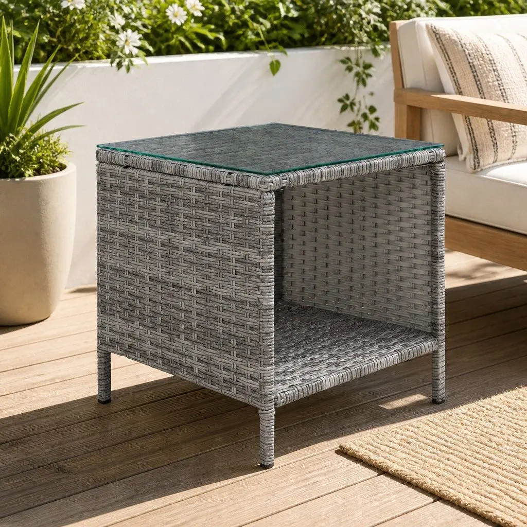Outdoor Side Table Wicker Rattan Glass Top Steel Frame 40cm Black
