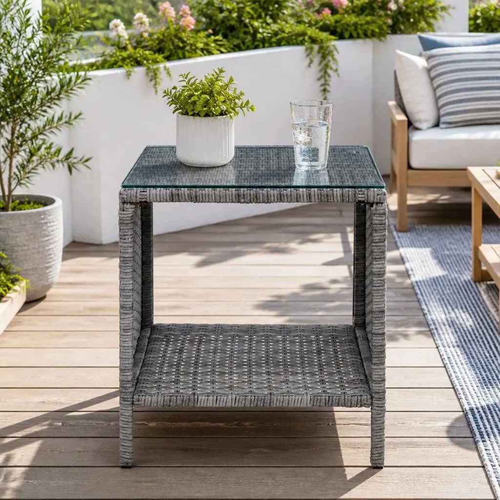 Outdoor Side Table Wicker Rattan Glass Top Steel Frame 40cm Black