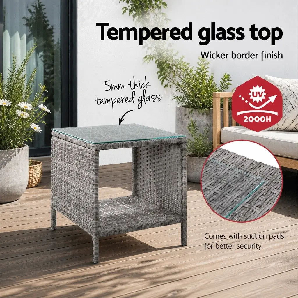 Outdoor Side Table Wicker Rattan Glass Top Steel Frame 40cm Black
