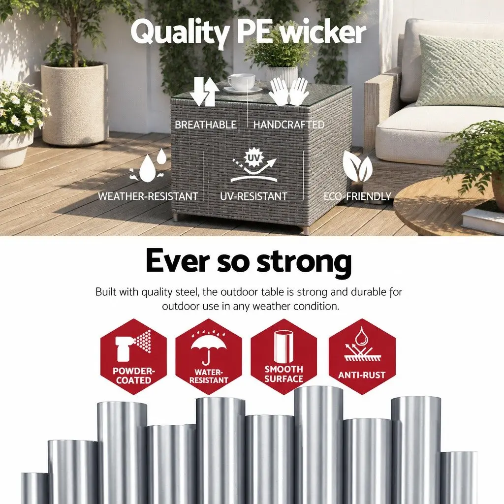 Outdoor Side Table Wicker Rattan Glass Top Steel Frame 40cm Black