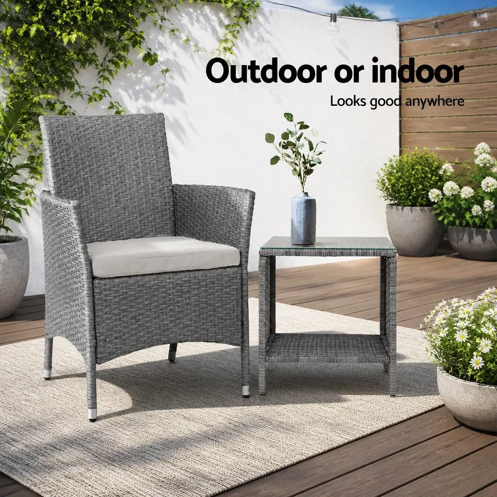 Outdoor Side Table Wicker Rattan Glass Top Steel Frame 40cm Black