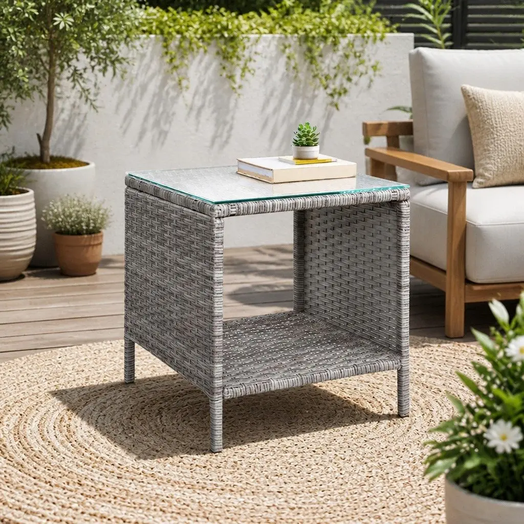 Outdoor Side Table Wicker Rattan Glass Top Steel Frame 40cm Black