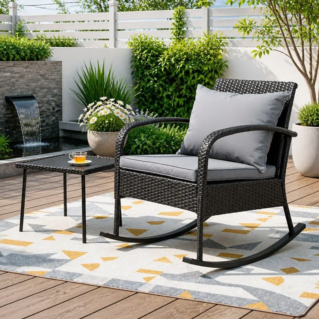 Outdoor Rocking Chair Set Black Wicker with Side Table Grey Cushion