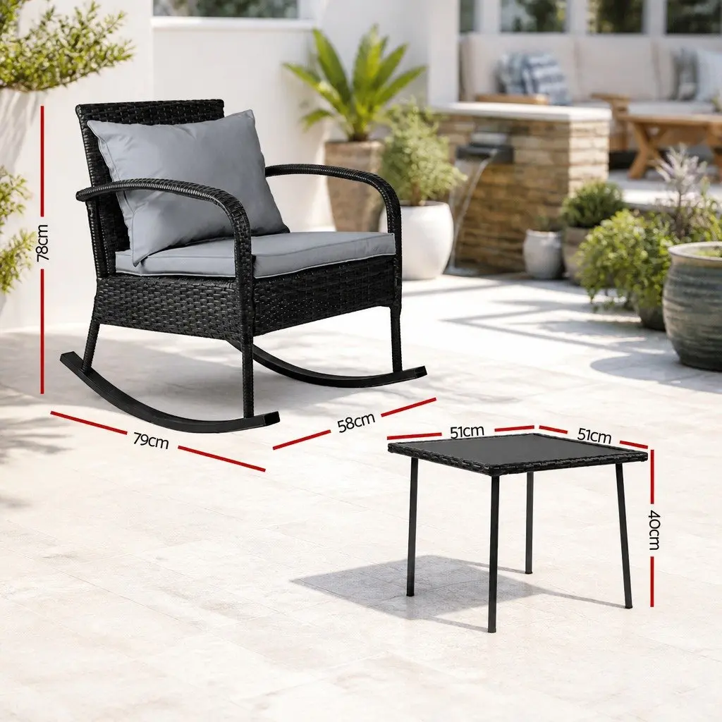 Outdoor Rocking Chair Set Black Wicker with Side Table Grey Cushion