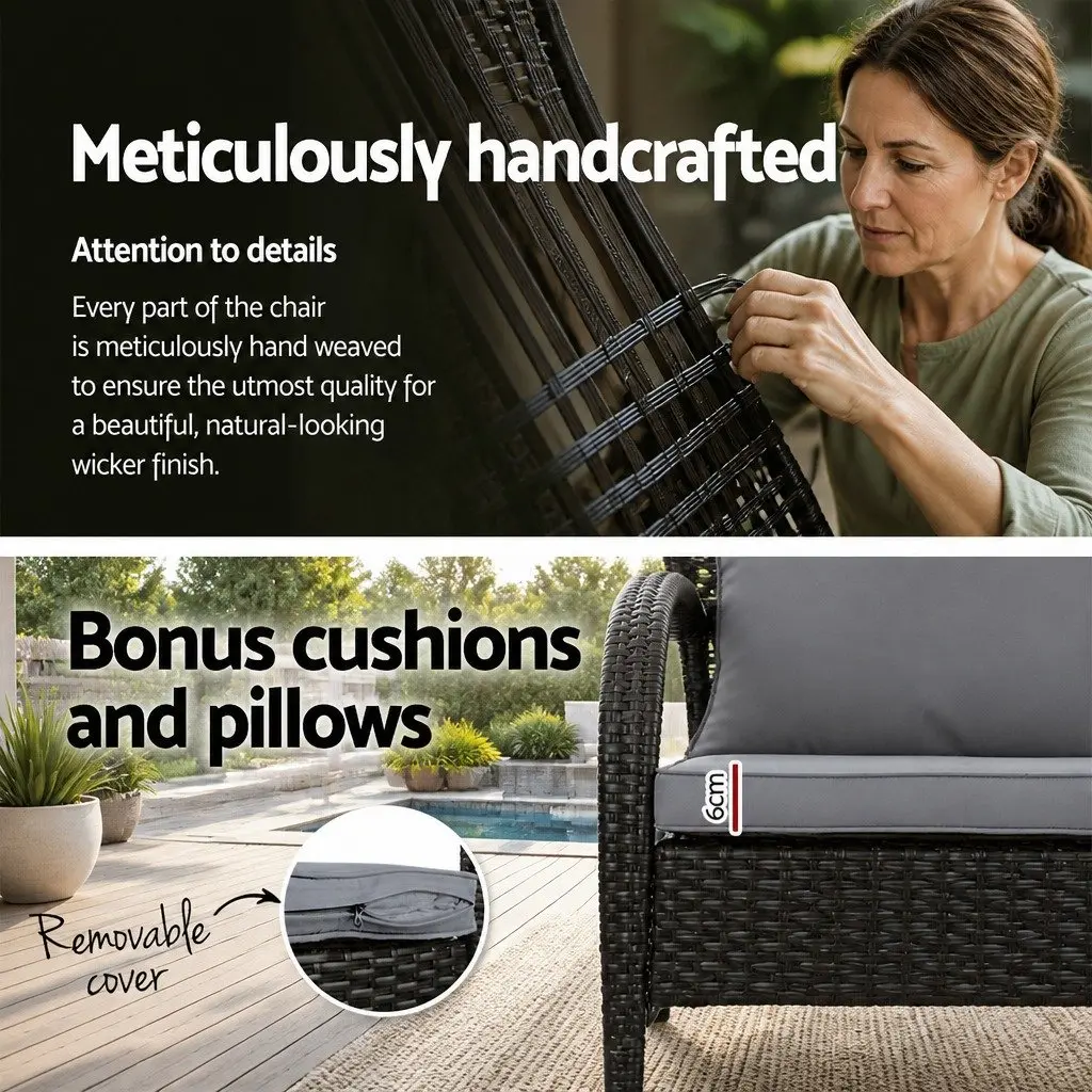 Outdoor Rocking Chair Set Black Wicker with Side Table Grey Cushion