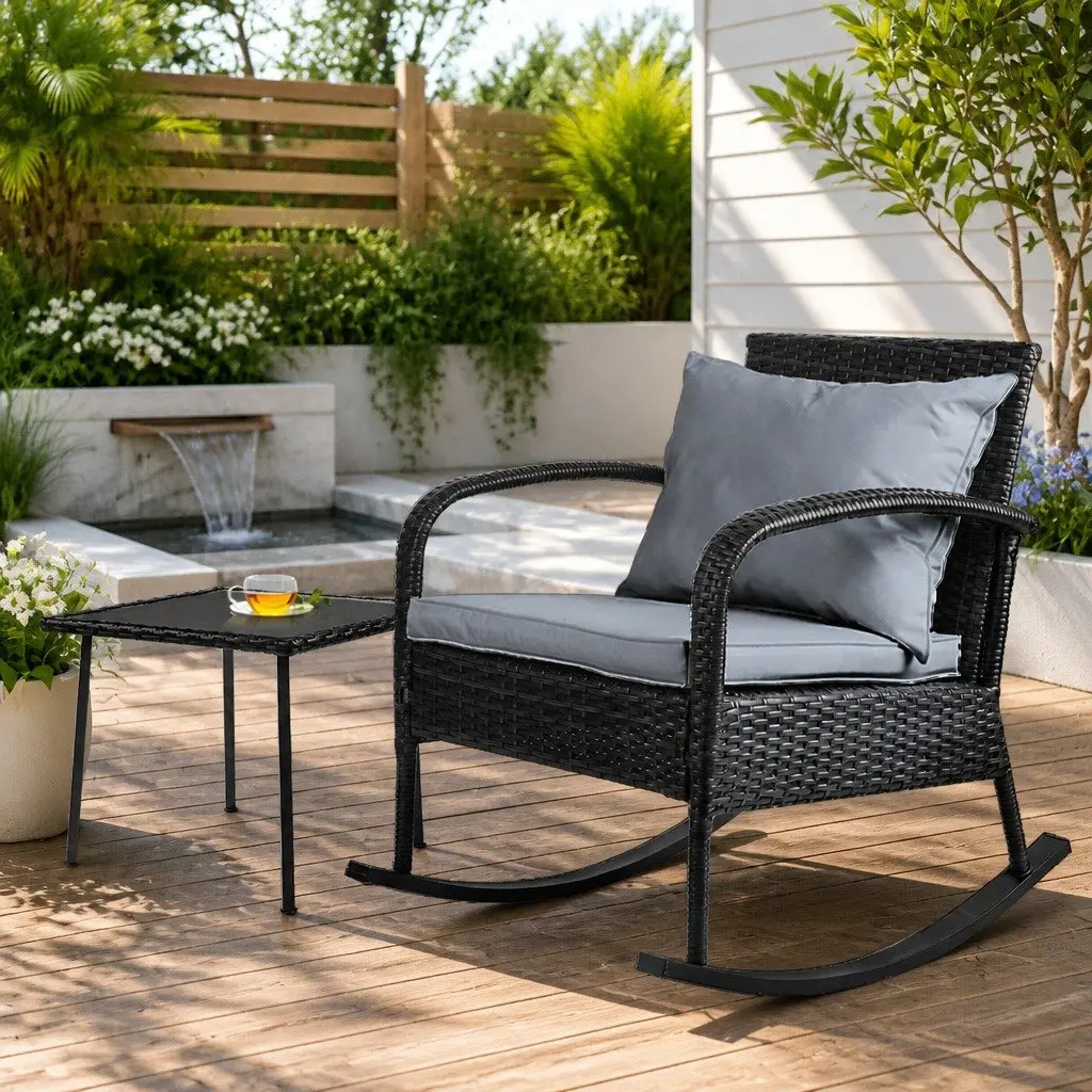 Outdoor Rocking Chair Set Black Wicker with Side Table Grey Cushion