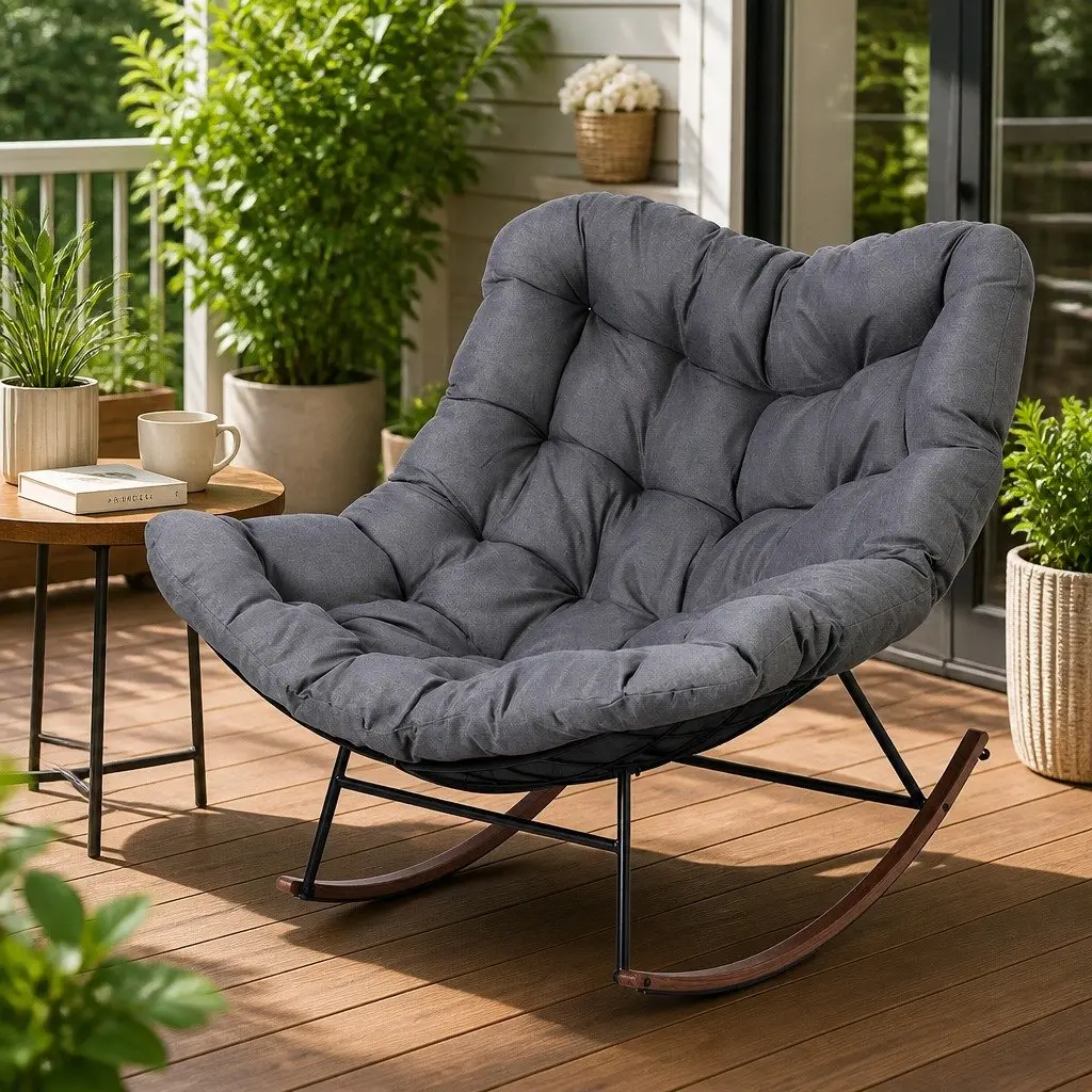 Outdoor Chair Steel Frame Grey Cushion Papasan Patio Lounge Furniture