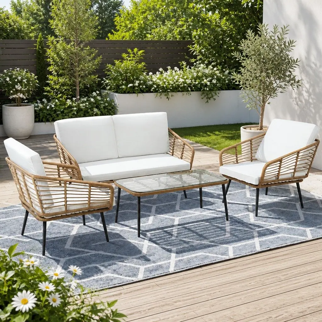 4 Piece Rattan Sofa Set with Table and Cushions Natural Rattan White
