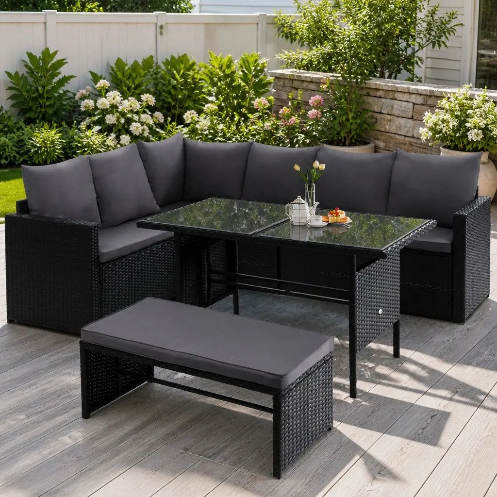 9-Seater Outdoor Dining Set with Bench and Cushions