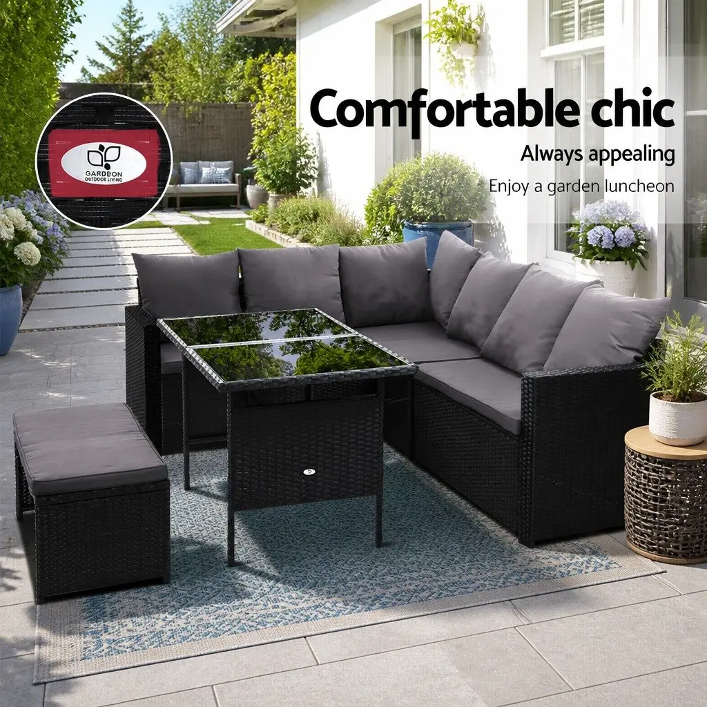 Outdoor Sofa Dining Set 8 Seater Wicker Lounge with Table Black Garden Furniture