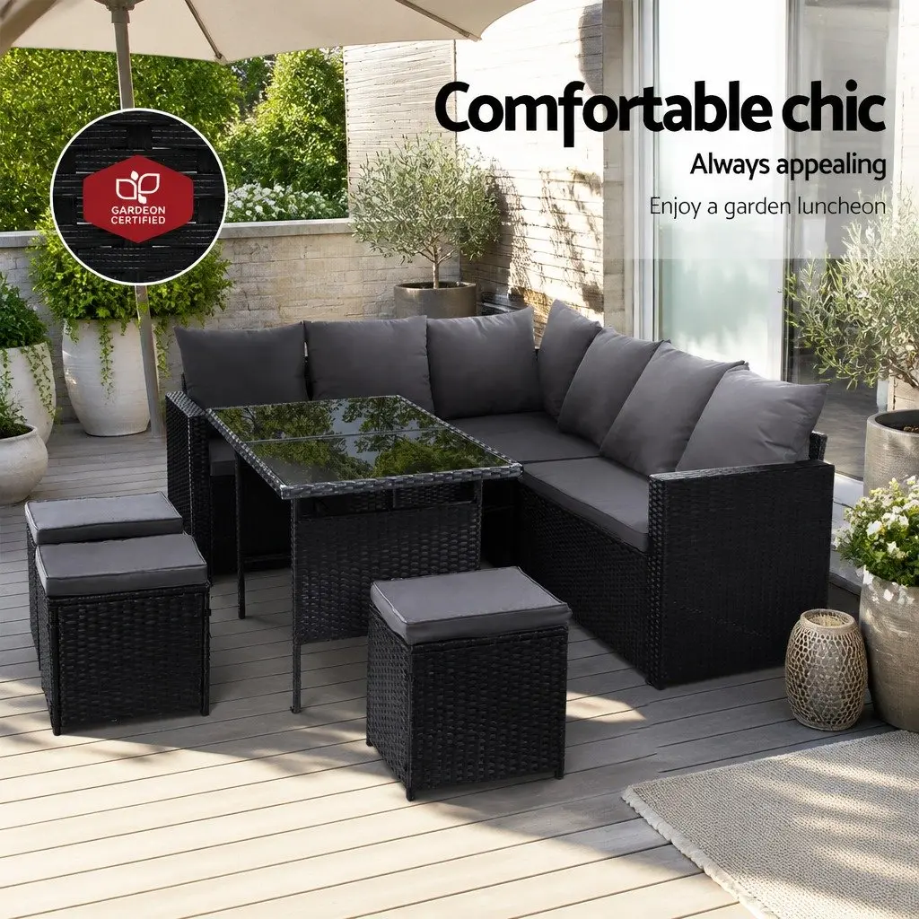 Outdoor Sofa Dining Set 9-Seater Lounge Chairs Table Ottoman with Cover Black
