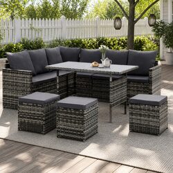 Outdoor Sofa Dining Set 9 Seater Lounge Chairs Table Ottoman Grey
