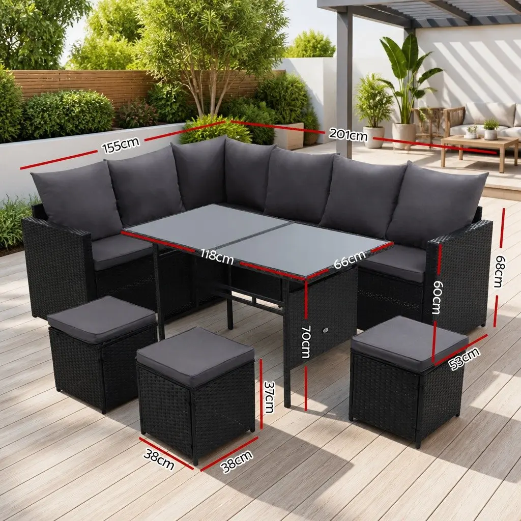 Outdoor Lounge Dining Setting Wicker Sofa Set 9 Seater Black