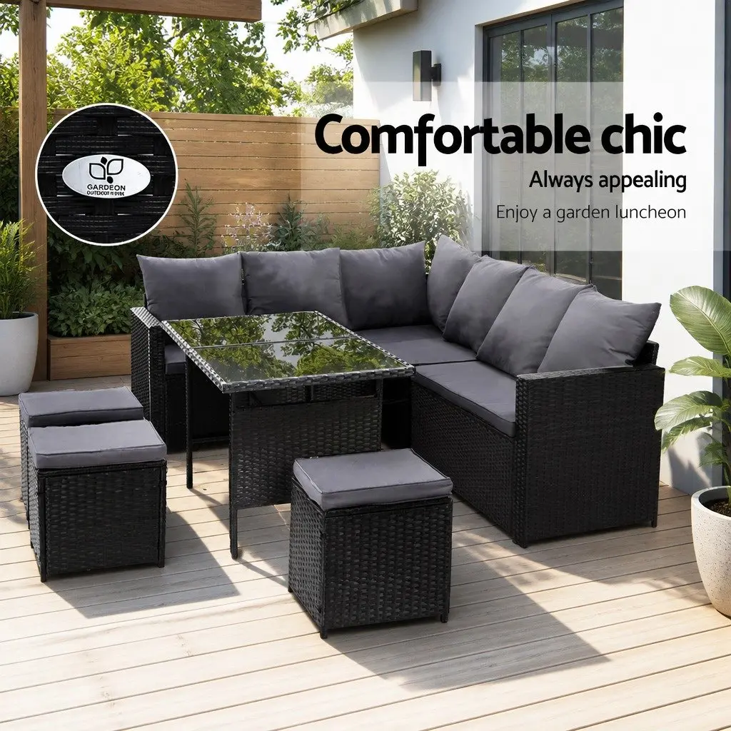 Outdoor Lounge Dining Setting Wicker Sofa Set 9 Seater Black