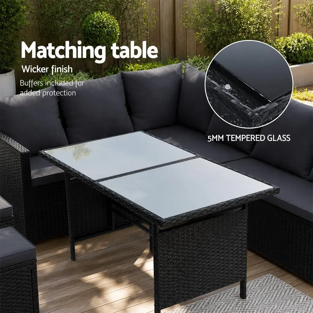 Outdoor Lounge Dining Setting Wicker Sofa Set 9 Seater Black