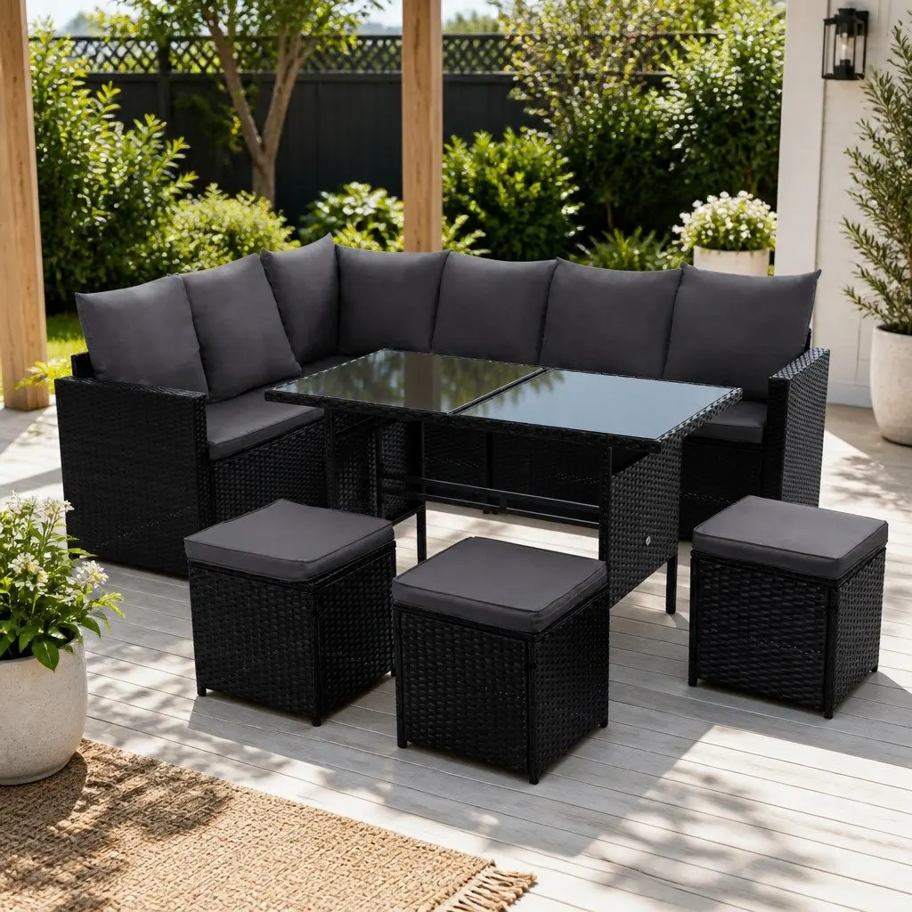 Outdoor Lounge Dining Setting Wicker Sofa Set 9 Seater Black