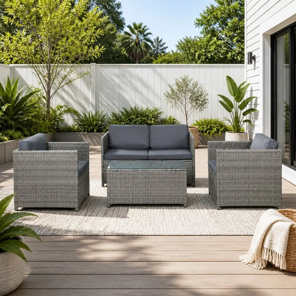 4 Piece Outdoor Wicker Sofa Set Grey PE Wicker Weave Powder Coated Steel Frame